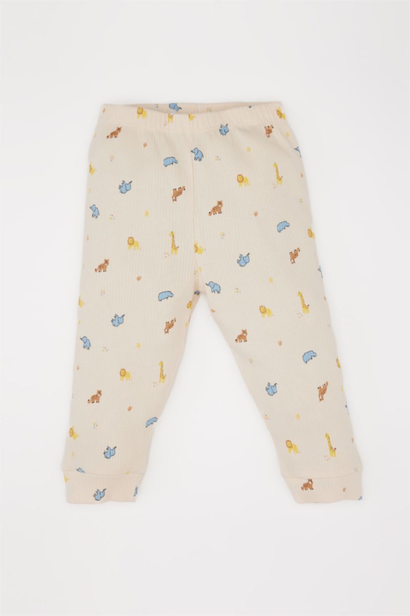 Erkek Bebek Bej Pijama Takımı Safari Baskılı Fitilli Kaşkorse Uzun Kollu Üst Beli Lastikli Uzun Alt Erkek Bebek