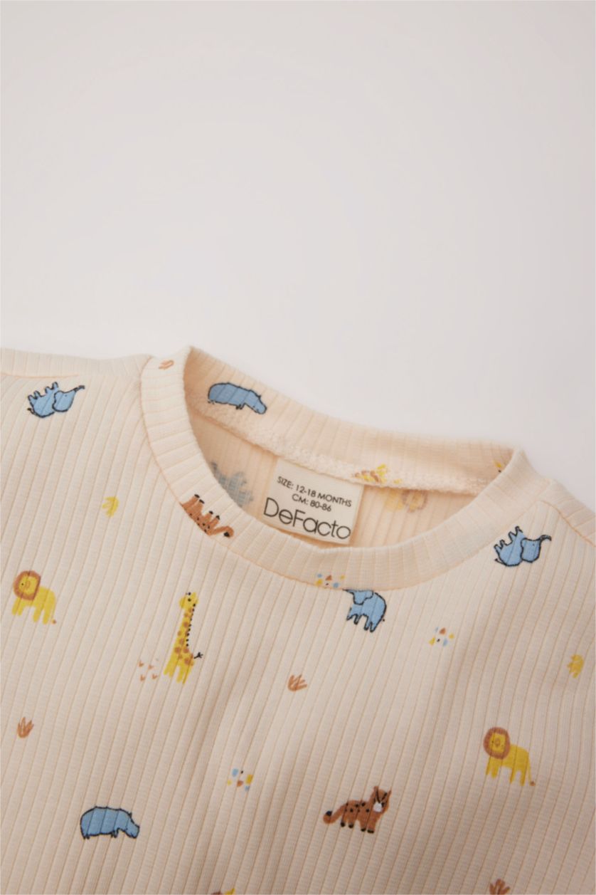 Erkek Bebek Bej Pijama Takımı Safari Baskılı Fitilli Kaşkorse Uzun Kollu Üst Beli Lastikli Uzun Alt Erkek Bebek