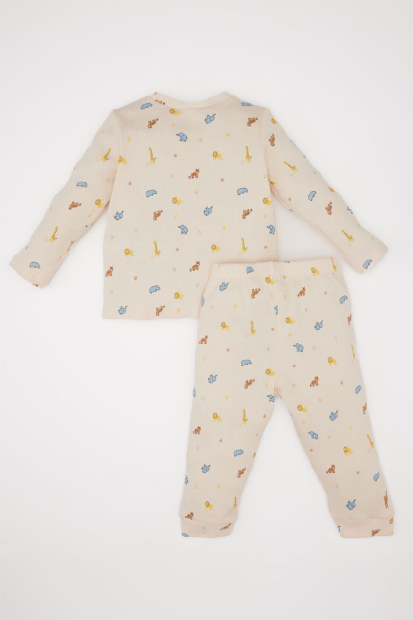 Erkek Bebek Bej Pijama Takımı Safari Baskılı Fitilli Kaşkorse Uzun Kollu Üst Beli Lastikli Uzun Alt Erkek Bebek