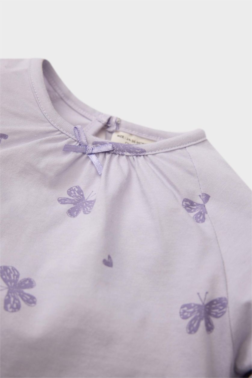 Kız Bebek Lila Kız Bebek Pijama Takımı Penye Kelebek Desenli Uzun Kollu Üst Beli Lastikli Uzun Alt