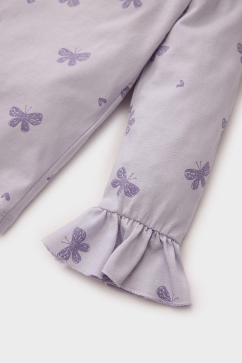 Kız Bebek Lila Kız Bebek Pijama Takımı Penye Kelebek Desenli Uzun Kollu Üst Beli Lastikli Uzun Alt