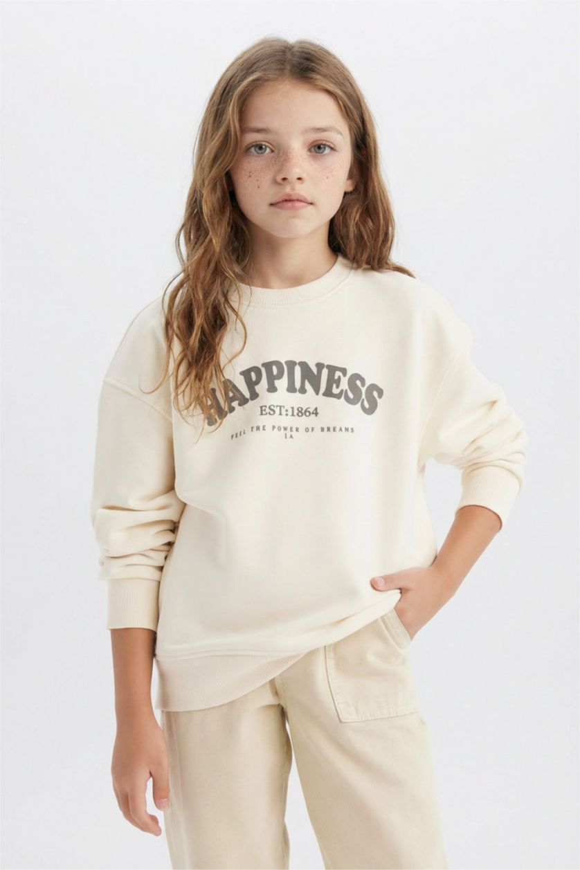 Kız Çocuk - Genç Kız Ekru Relax Fit Bisiklet Yaka Baskılı Okul Sweatshirt Kız Çocuk