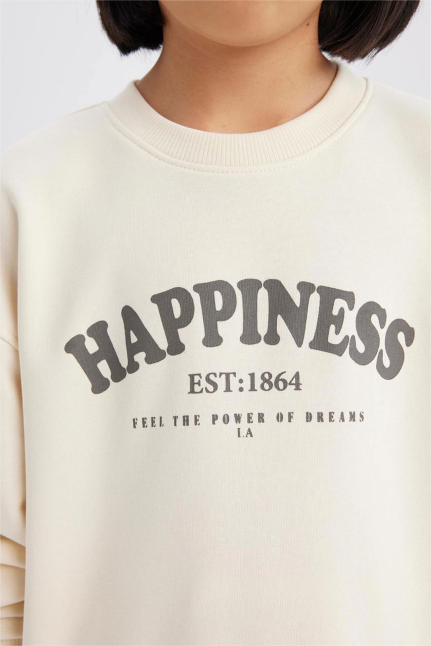 Kız Çocuk - Genç Kız Ekru Relax Fit Bisiklet Yaka Baskılı Okul Sweatshirt Kız Çocuk