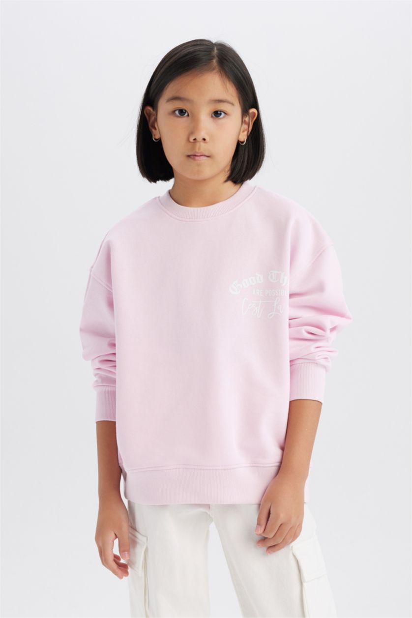Kız Çocuk - Genç Kız Pembe Relax Fit Bisiklet Yaka Baskılı Okul Sweatshirt Kız Çocuk