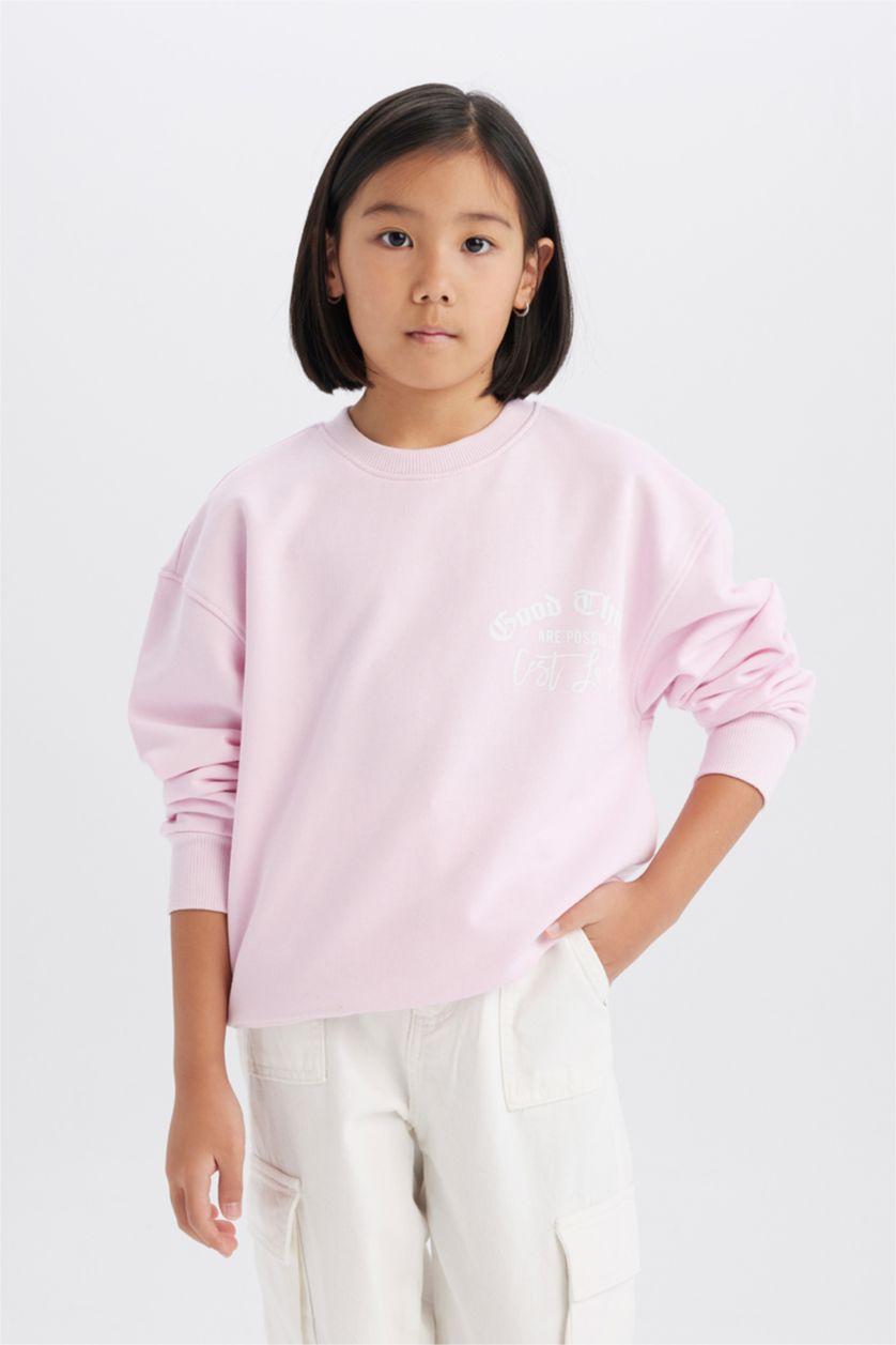 Kız Çocuk - Genç Kız Pembe Relax Fit Bisiklet Yaka Baskılı Okul Sweatshirt Kız Çocuk