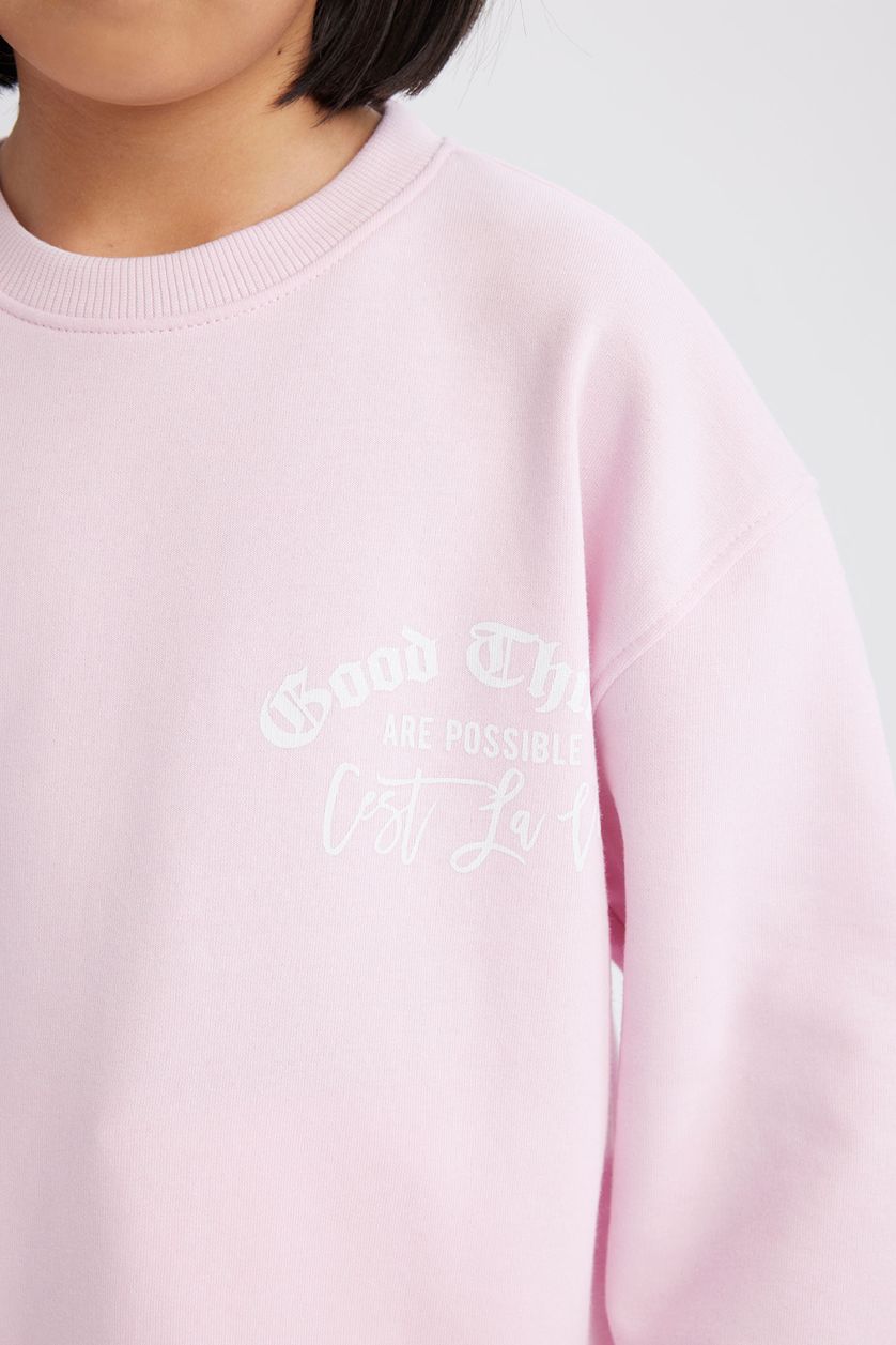 Kız Çocuk - Genç Kız Pembe Relax Fit Bisiklet Yaka Baskılı Okul Sweatshirt Kız Çocuk