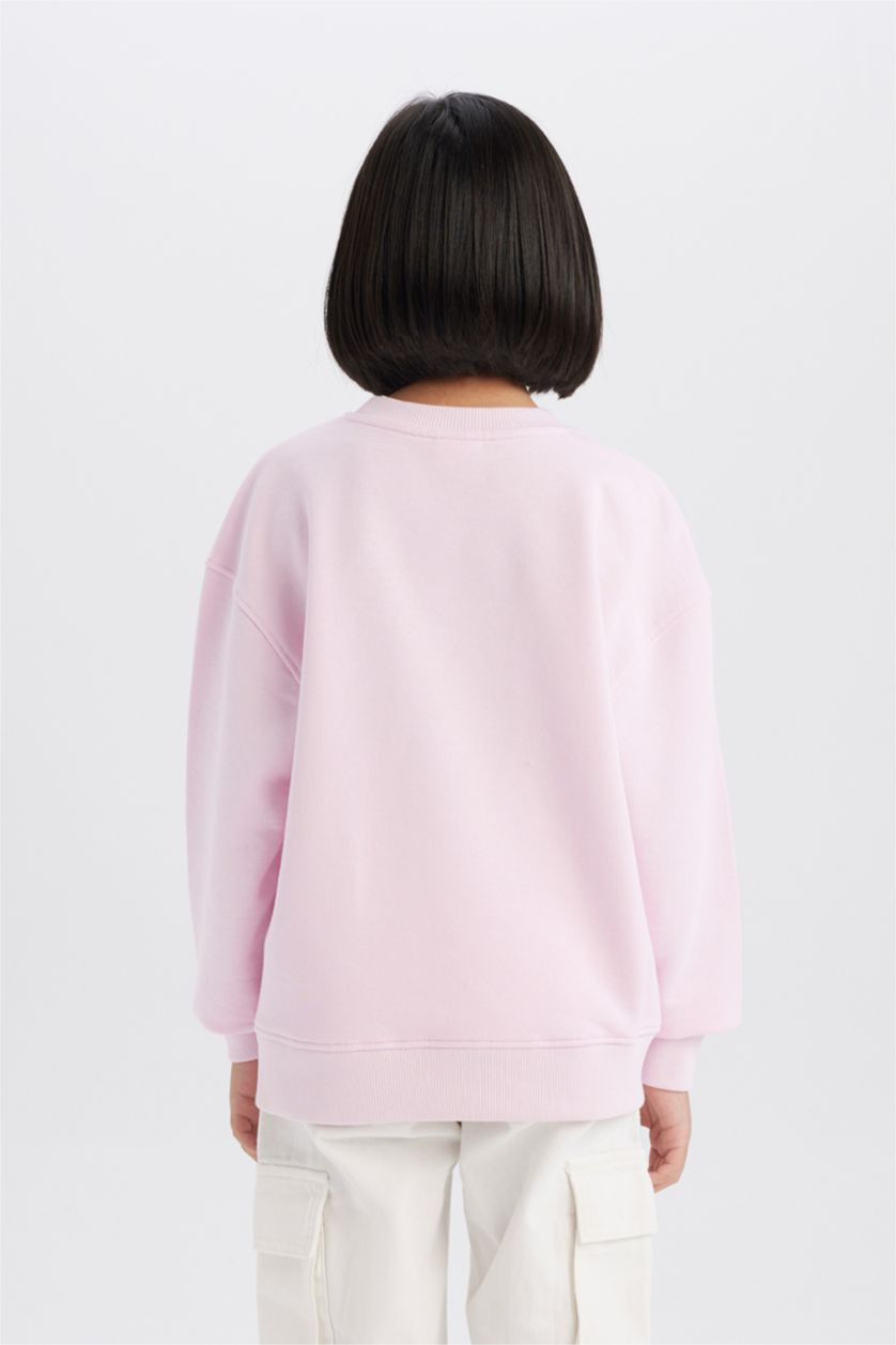 Kız Çocuk - Genç Kız Pembe Relax Fit Bisiklet Yaka Baskılı Okul Sweatshirt Kız Çocuk