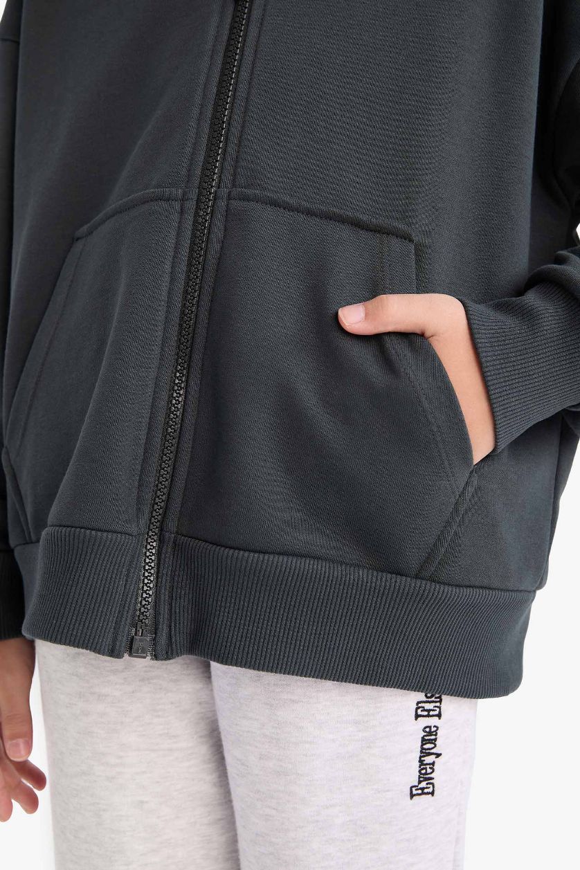 بناتي أنثرا سويت شيرت بناتي رمادي بيزك اوفر سايز بكابيشون وجيب