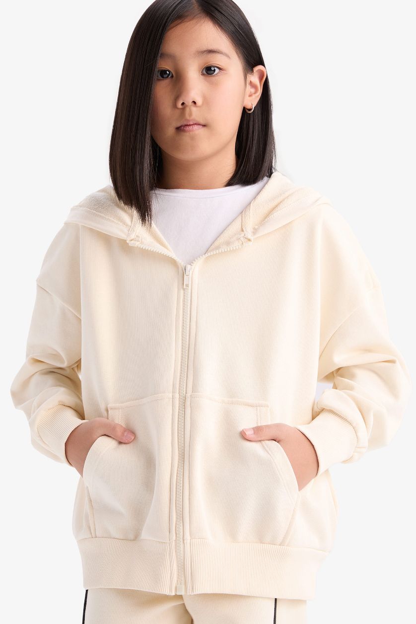 Kız Çocuk - Genç Kız Ekru Kapüşonlu Basic Düz Cepli Okul Fermuarlı Sweatshirt Kız Çocuk