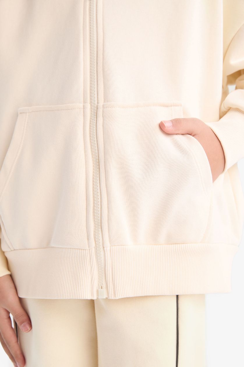 Kız Çocuk - Genç Kız Ekru Kapüşonlu Basic Düz Cepli Okul Fermuarlı Sweatshirt Kız Çocuk