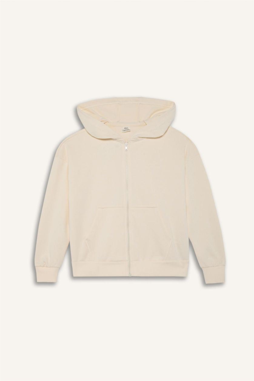Kız Çocuk - Genç Kız Ekru Kapüşonlu Basic Düz Cepli Okul Fermuarlı Sweatshirt Kız Çocuk