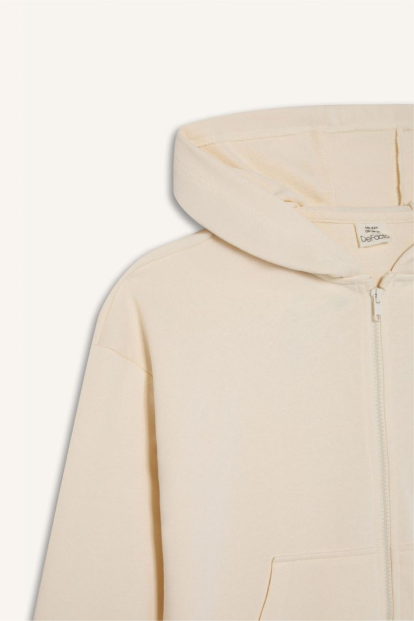 Kız Çocuk - Genç Kız Ekru Kapüşonlu Basic Düz Cepli Okul Fermuarlı Sweatshirt Kız Çocuk