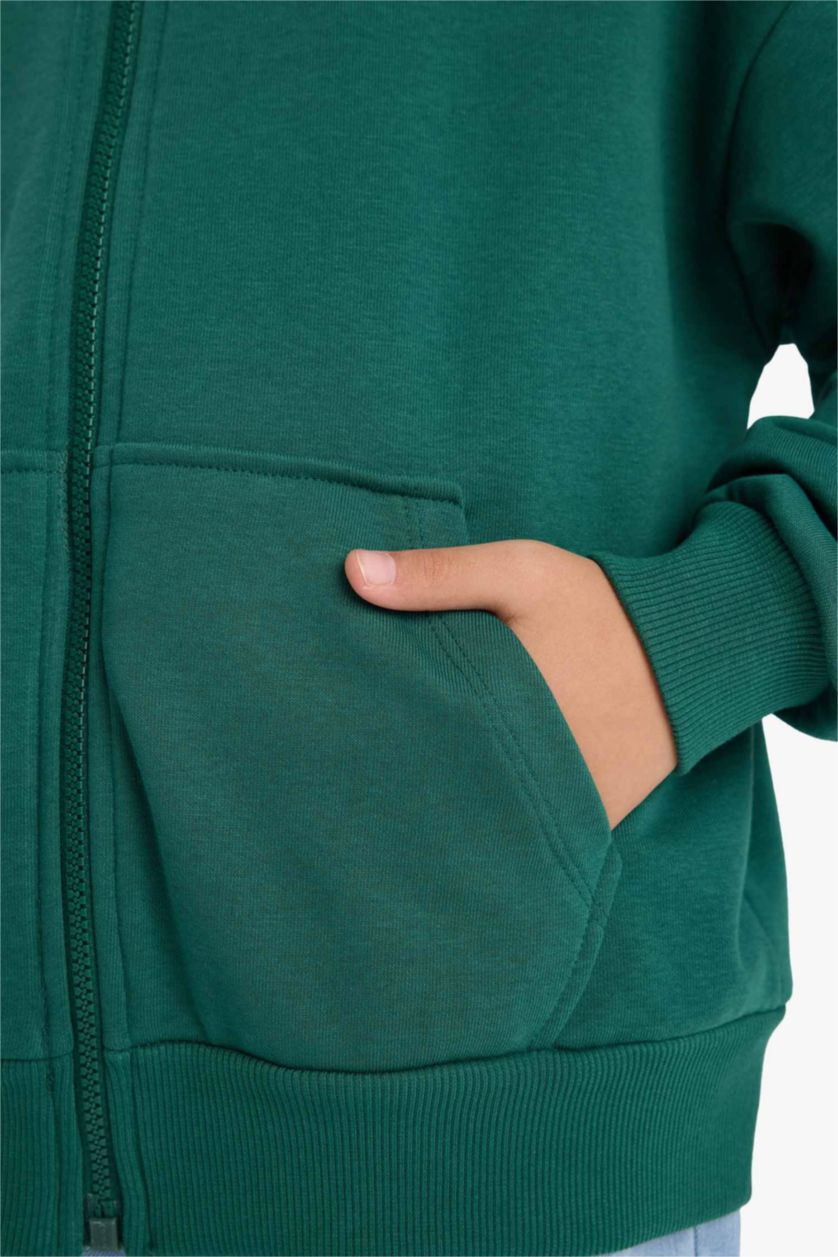 بنات أخضر جاكيت رياضي بناتي سادة اوفر سايز بغطاء للرأس وجيب