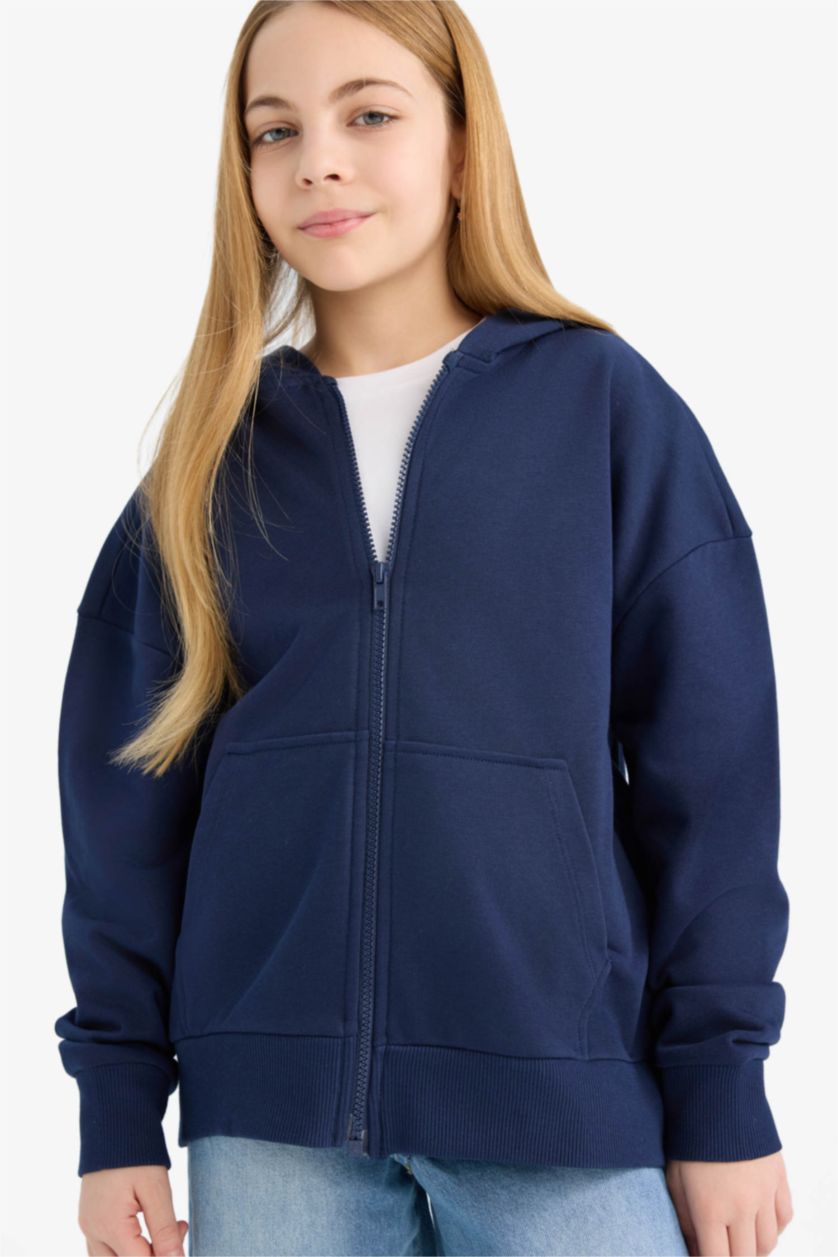 Kız Çocuk - Genç Kız Lacivert Kapüşonlu Basic Düz Cepli Okul Fermuarlı Sweatshirt Kız Çocuk