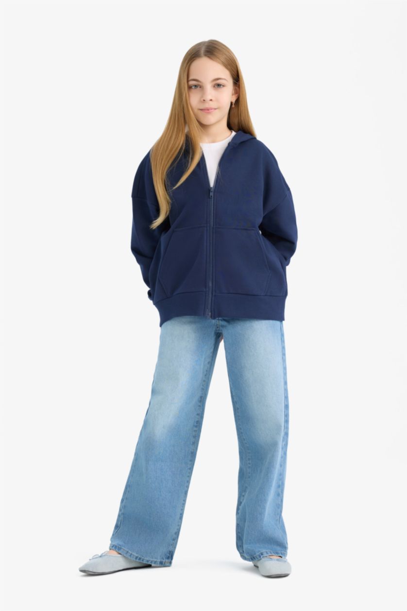 Kız Çocuk - Genç Kız Lacivert Kapüşonlu Basic Düz Cepli Okul Fermuarlı Sweatshirt Kız Çocuk
