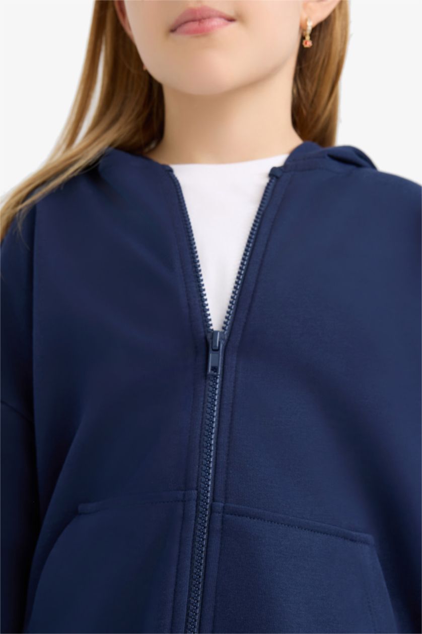 Kız Çocuk - Genç Kız Lacivert Kapüşonlu Basic Düz Cepli Okul Fermuarlı Sweatshirt Kız Çocuk
