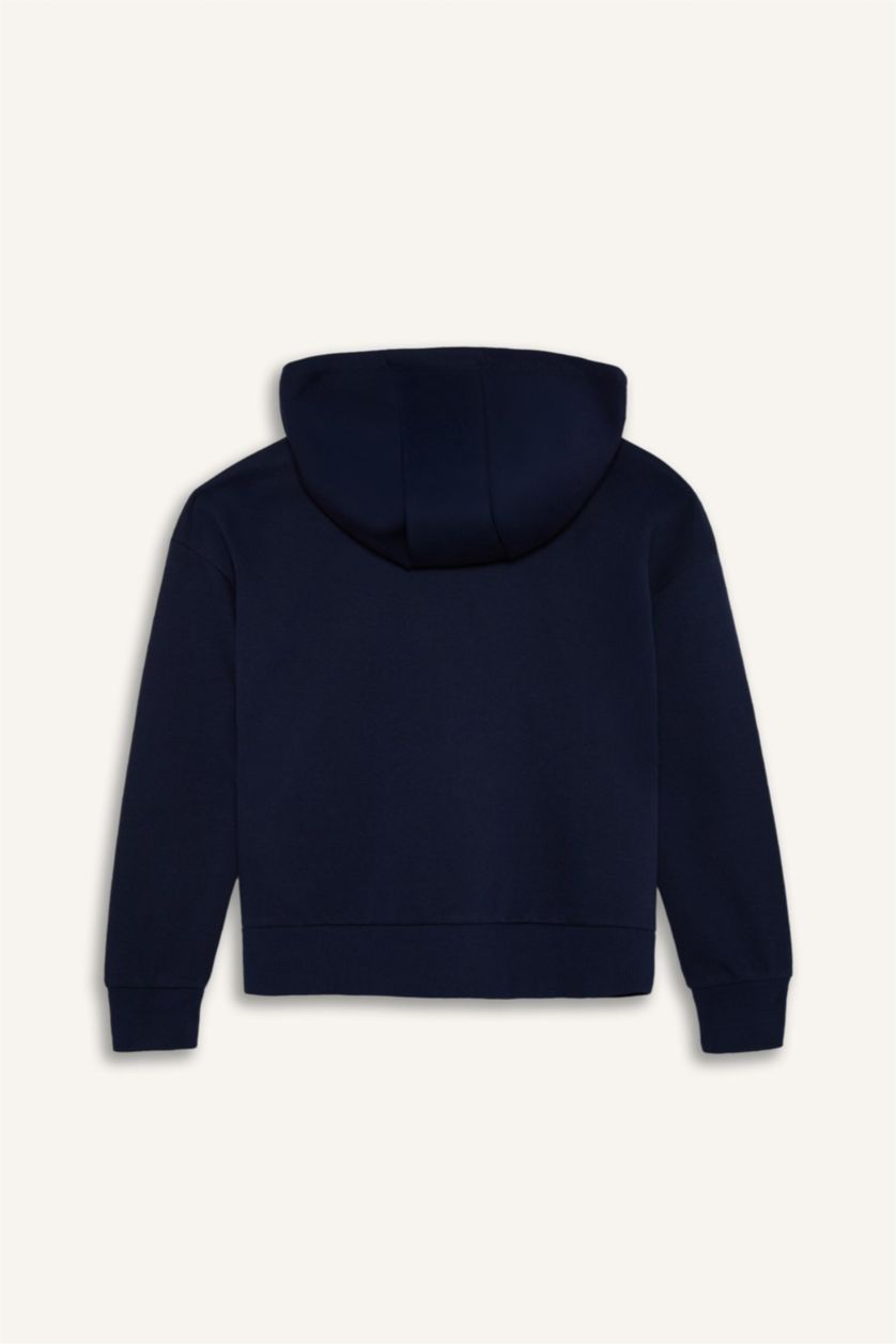 Kız Çocuk - Genç Kız Lacivert Kapüşonlu Basic Düz Cepli Okul Fermuarlı Sweatshirt Kız Çocuk