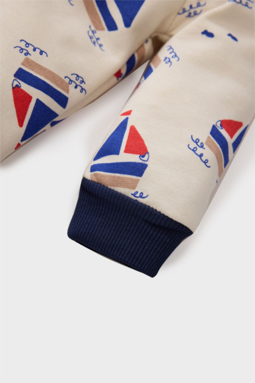 Erkek Bebek Ekru Desenli Uzun Kollu Tulum Erkek Bebek Yenidoğan