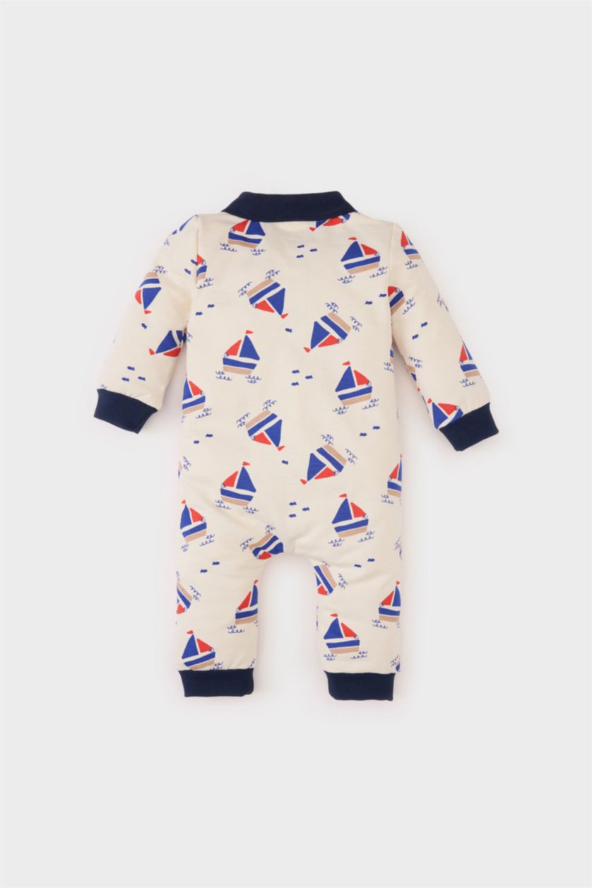 Erkek Bebek Ekru Desenli Uzun Kollu Tulum Erkek Bebek Yenidoğan