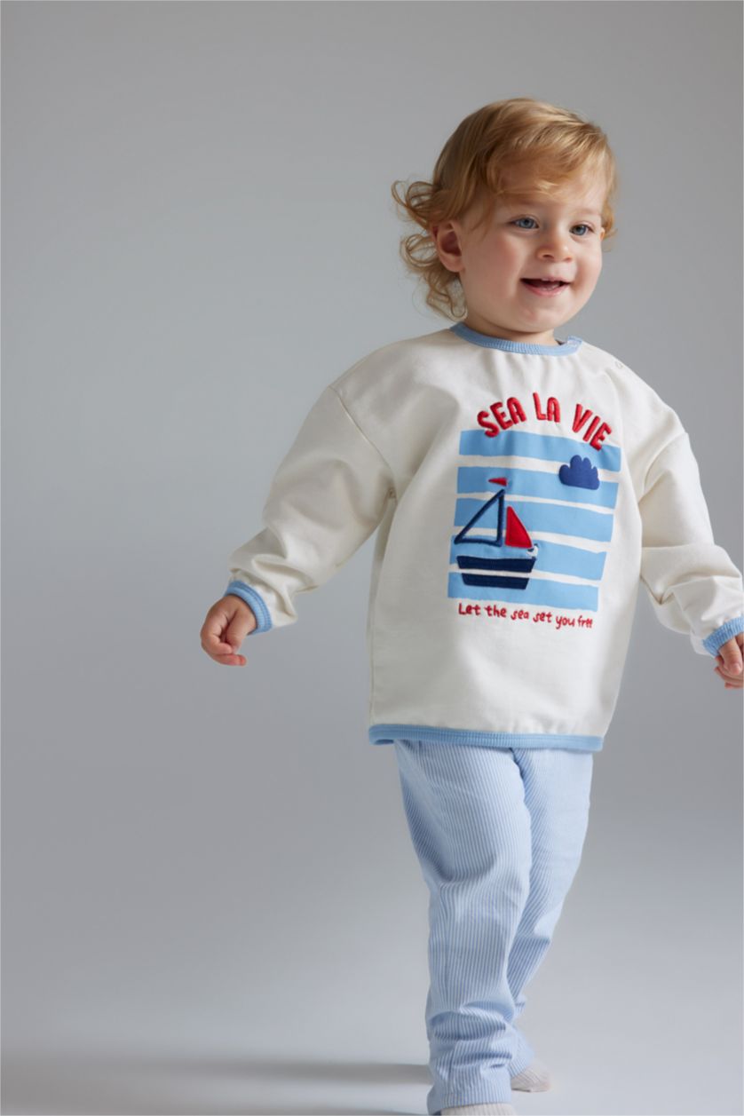 BÉBÉ GARÇON Écru Ensemble de sweatshirt imprimé à col rond et pantalon rayé pour bébé garçon