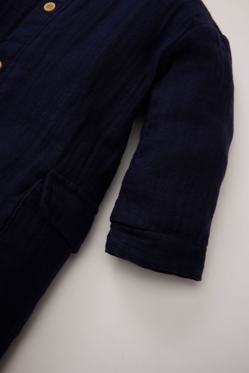 Erkek Bebek Lacivert Düğmeli Müslin Uzun Kollu Tulum Erkek Bebek Yenidoğan