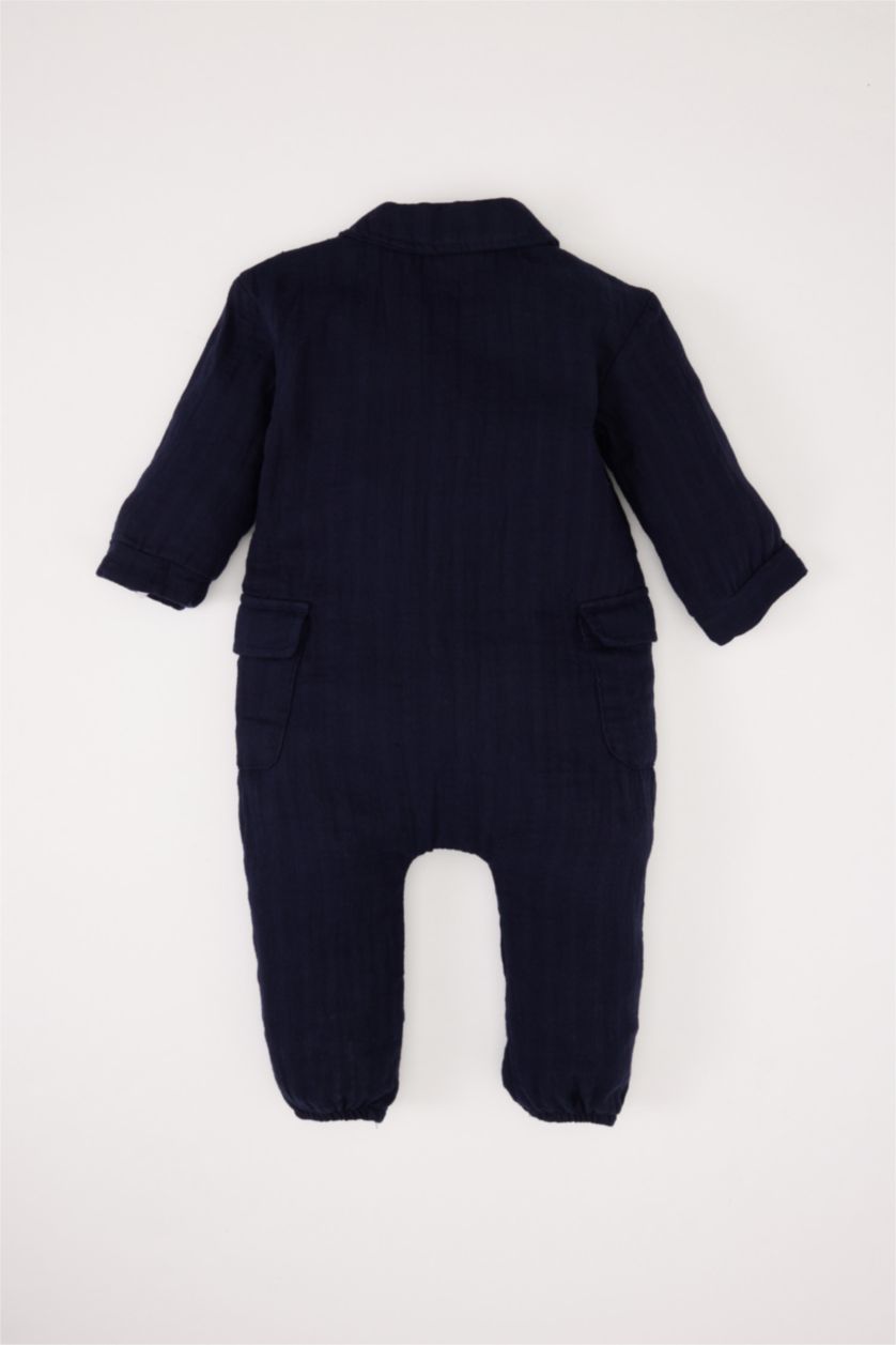 Erkek Bebek Lacivert Düğmeli Müslin Uzun Kollu Tulum Erkek Bebek Yenidoğan