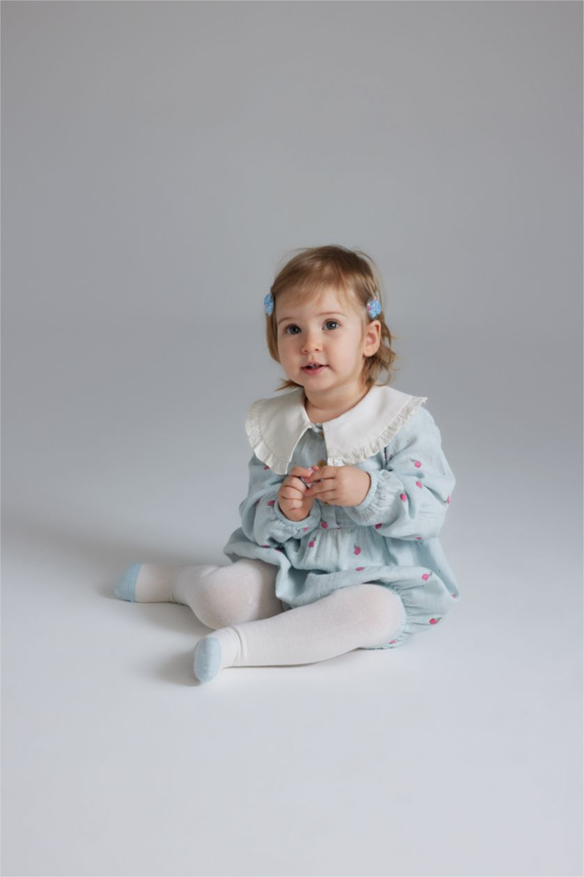 Kız Bebek Açık Mavi Kız Bebek Yenidoğan 2'li Takım Çiçekli Müslin Uzun Kollu Tulum Külotlu Çorap