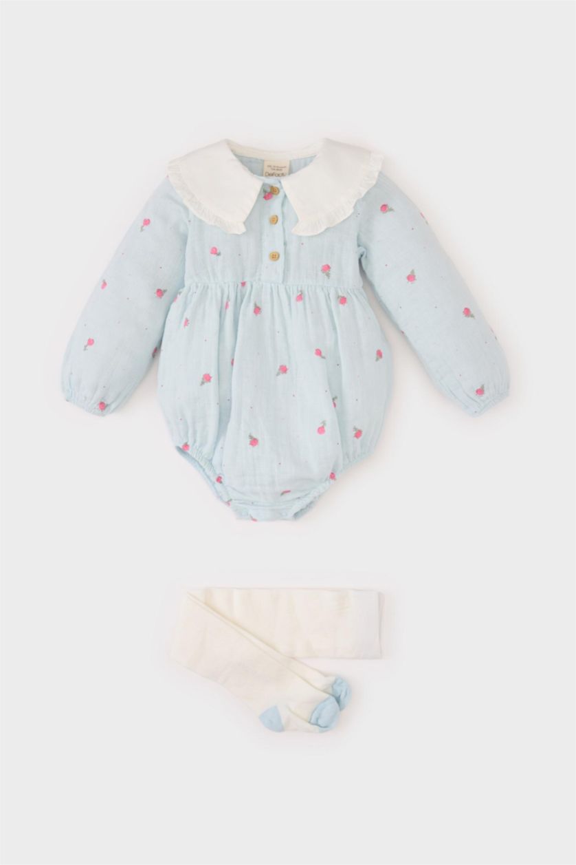Kız Bebek Açık Mavi Kız Bebek Yenidoğan 2'li Takım Çiçekli Müslin Uzun Kollu Tulum Külotlu Çorap
