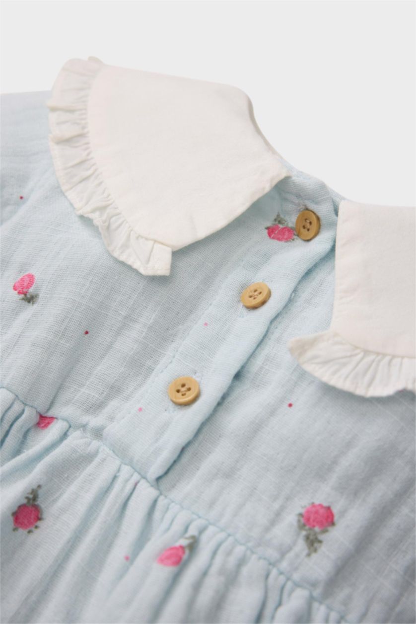 Kız Bebek Açık Mavi Kız Bebek Yenidoğan 2'li Takım Çiçekli Müslin Uzun Kollu Tulum Külotlu Çorap