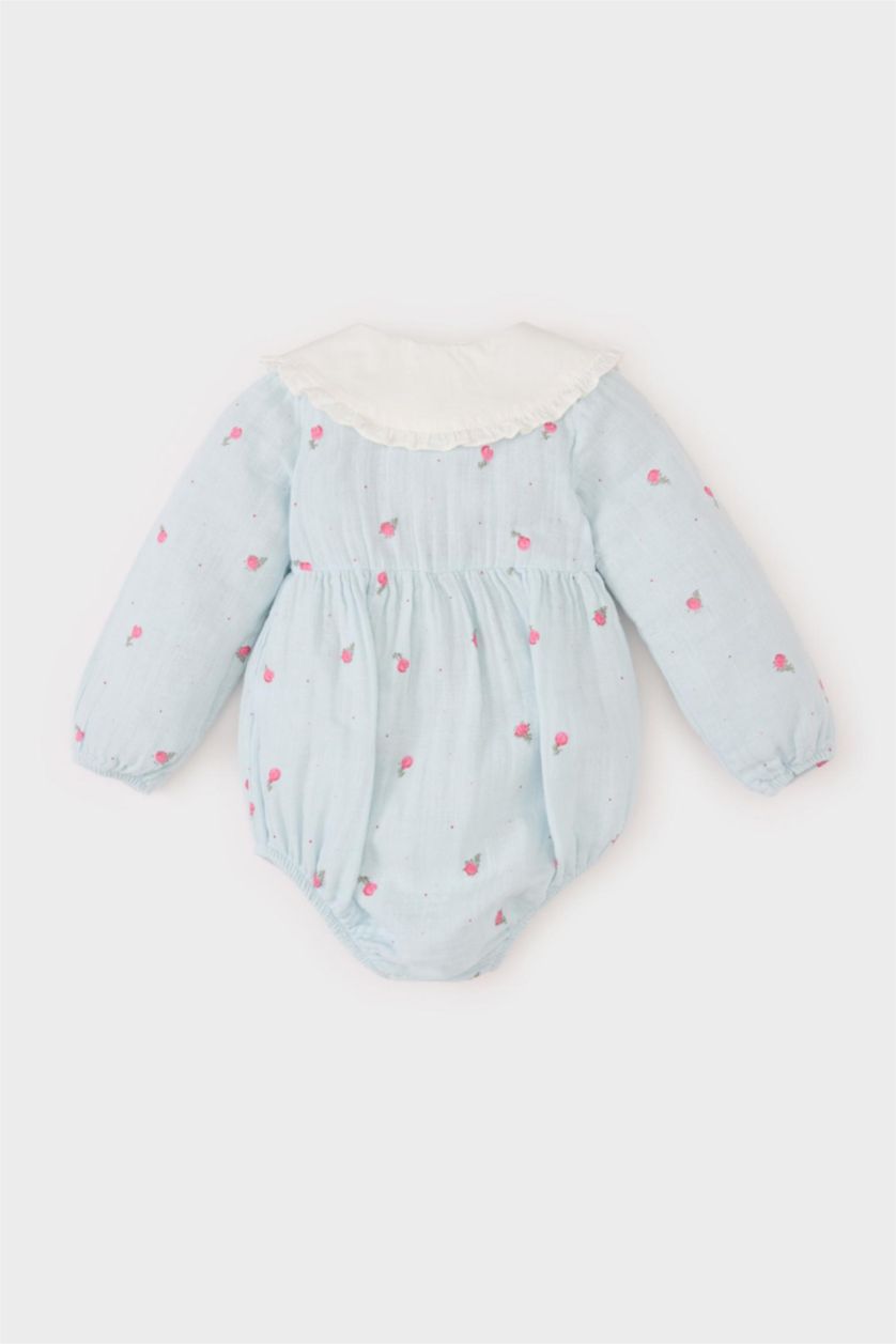 Kız Bebek Açık Mavi Kız Bebek Yenidoğan 2'li Takım Çiçekli Müslin Uzun Kollu Tulum Külotlu Çorap