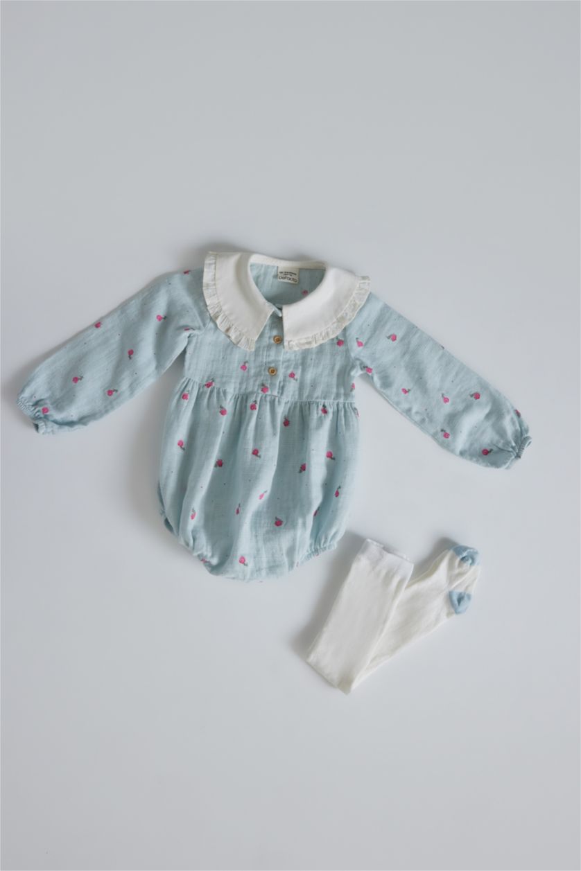 Kız Bebek Açık Mavi Kız Bebek Yenidoğan 2'li Takım Çiçekli Müslin Uzun Kollu Tulum Külotlu Çorap