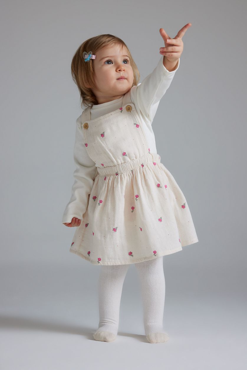 Kız Bebek Açık Pembe 3'lü Takım Müslin Çiçekli Uzun Kollu Tişört Salopet Elbise Külotlu Çorap Kız Bebek