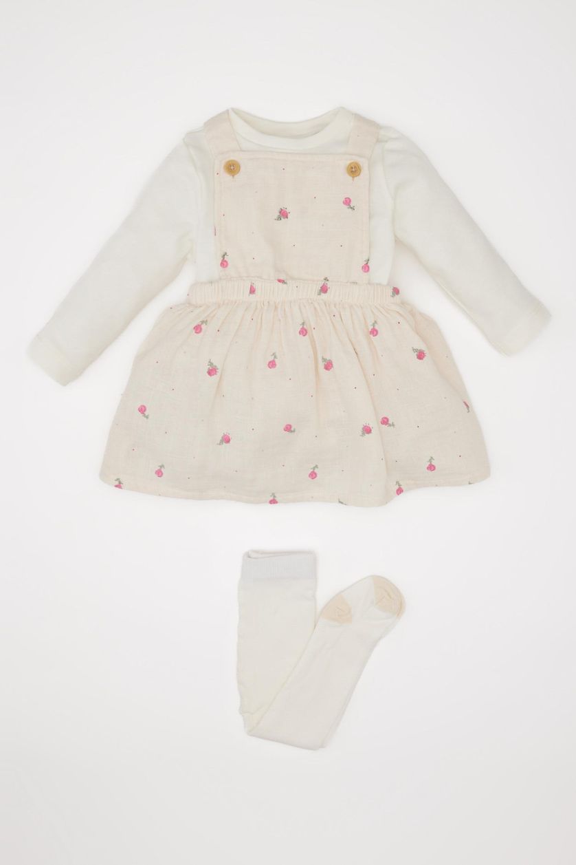 Kız Bebek Açık Pembe 3'lü Takım Müslin Çiçekli Uzun Kollu Tişört Salopet Elbise Külotlu Çorap Kız Bebek
