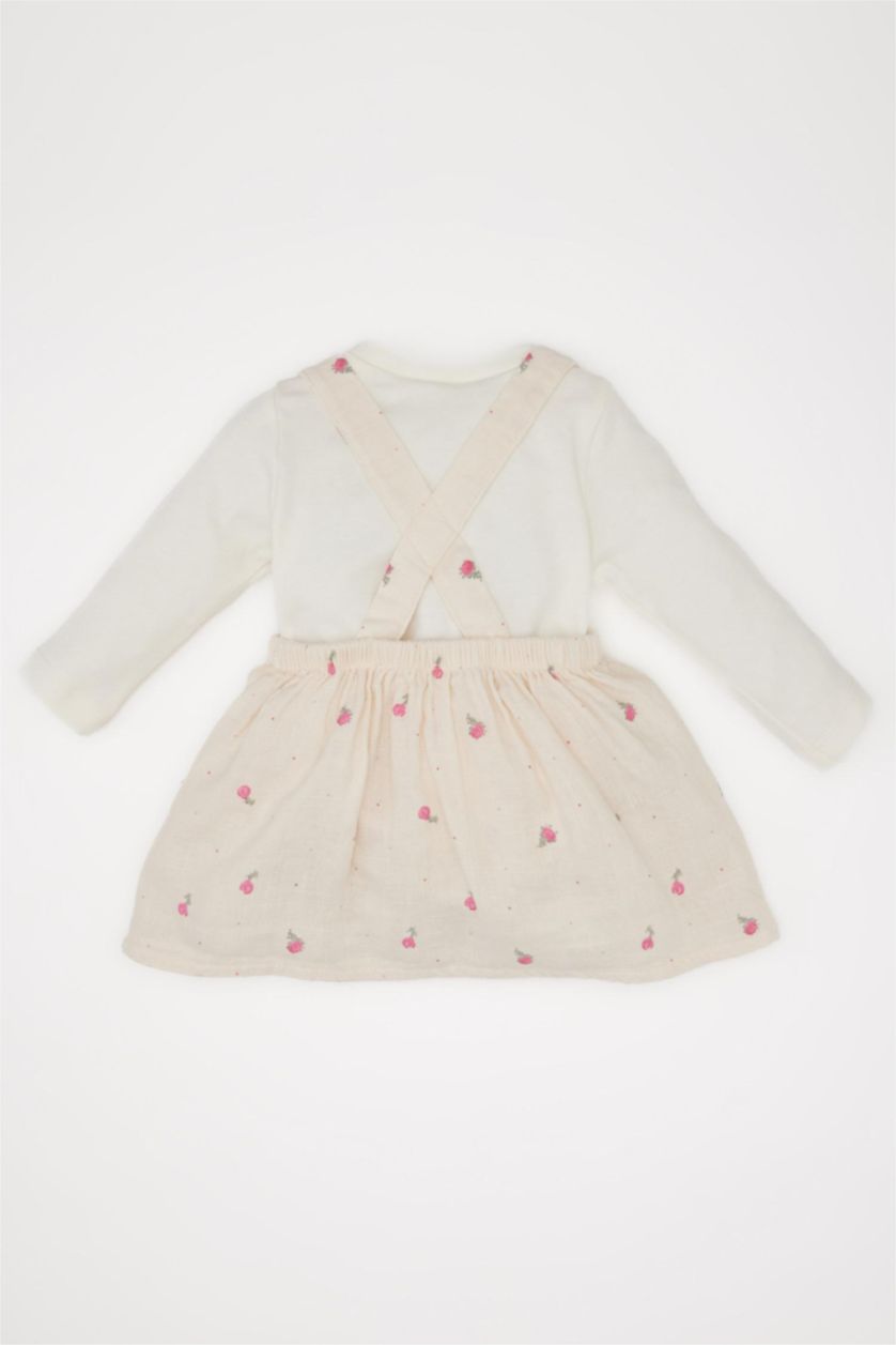 Kız Bebek Açık Pembe 3'lü Takım Müslin Çiçekli Uzun Kollu Tişört Salopet Elbise Külotlu Çorap Kız Bebek