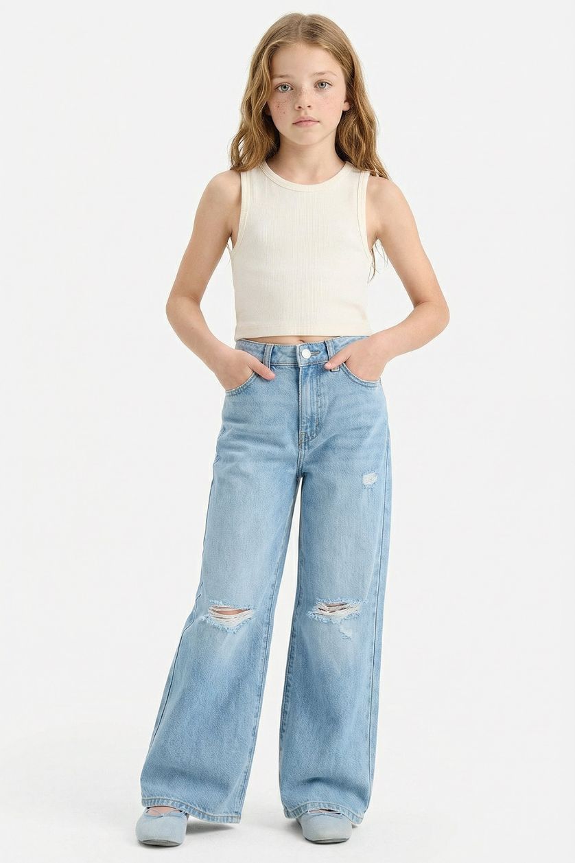 Kız Çocuk - Genç Kız Ekru Bisiklet Yaka Basic Düz Atlet Kız Çocuk