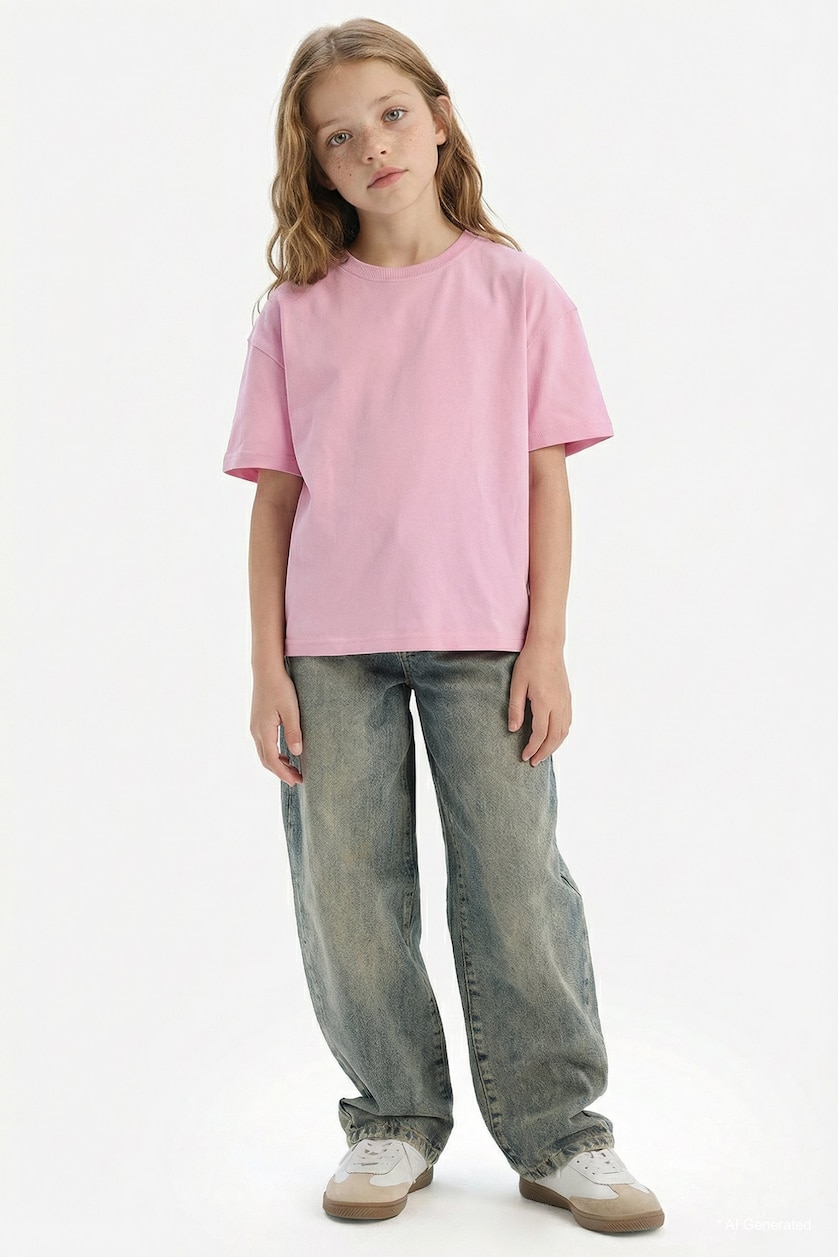 Young Girls - Teen Girls Pink Girl Relax Fit Crew Neck Basic T-Shirt