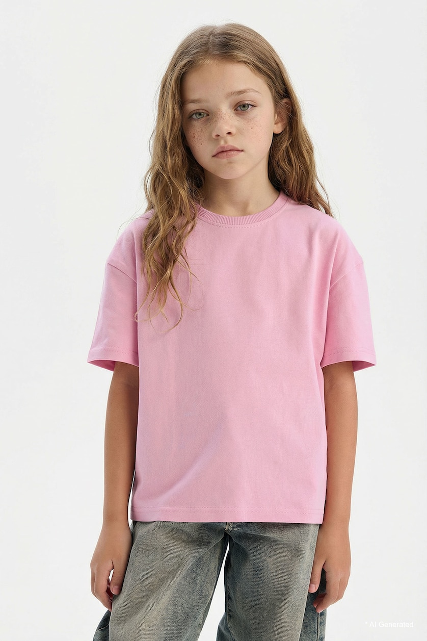 Young Girls - Teen Girls Pink Girl Relax Fit Crew Neck Basic T-Shirt