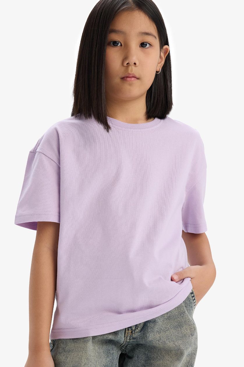FILLES Violet T-shirt basique à col rond et manches courtes pour fille