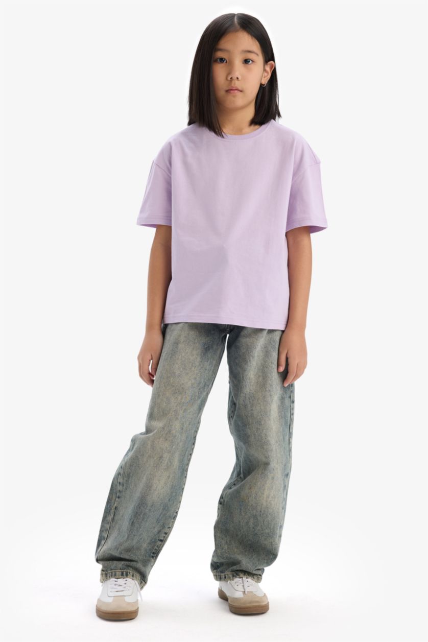 FILLES Violet T-shirt basique à col rond et manches courtes pour fille