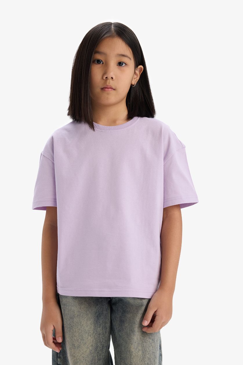 FILLES Violet T-shirt basique à col rond et manches courtes pour fille