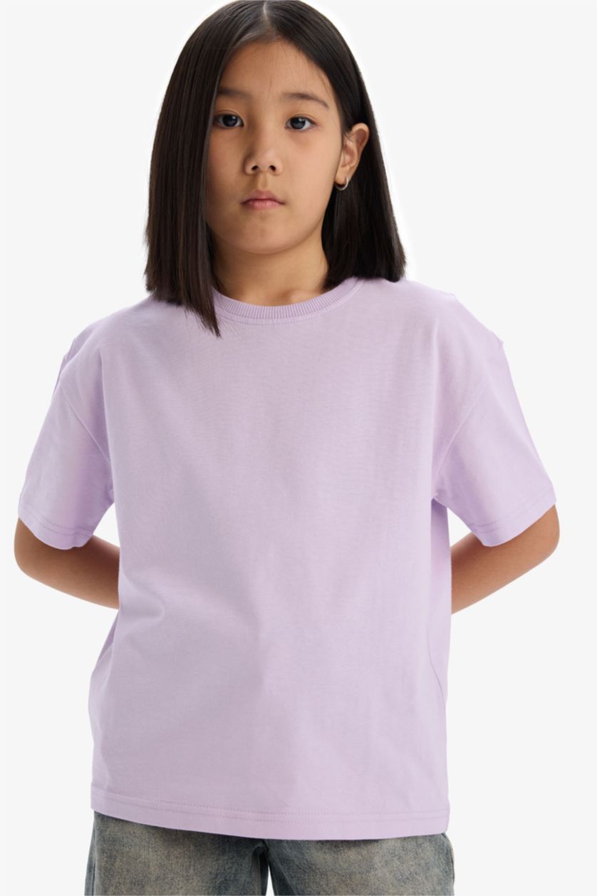 FILLES Violet T-shirt basique à col rond et manches courtes pour fille