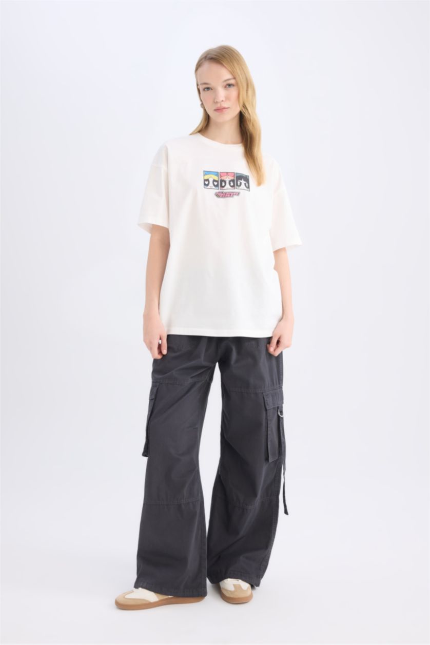 Kadın Kırık Beyaz PowerPuff Girls Oversize Geniş Kalıp Bisiklet Yaka Sırt Baskılı Kısa Kollu Tişört