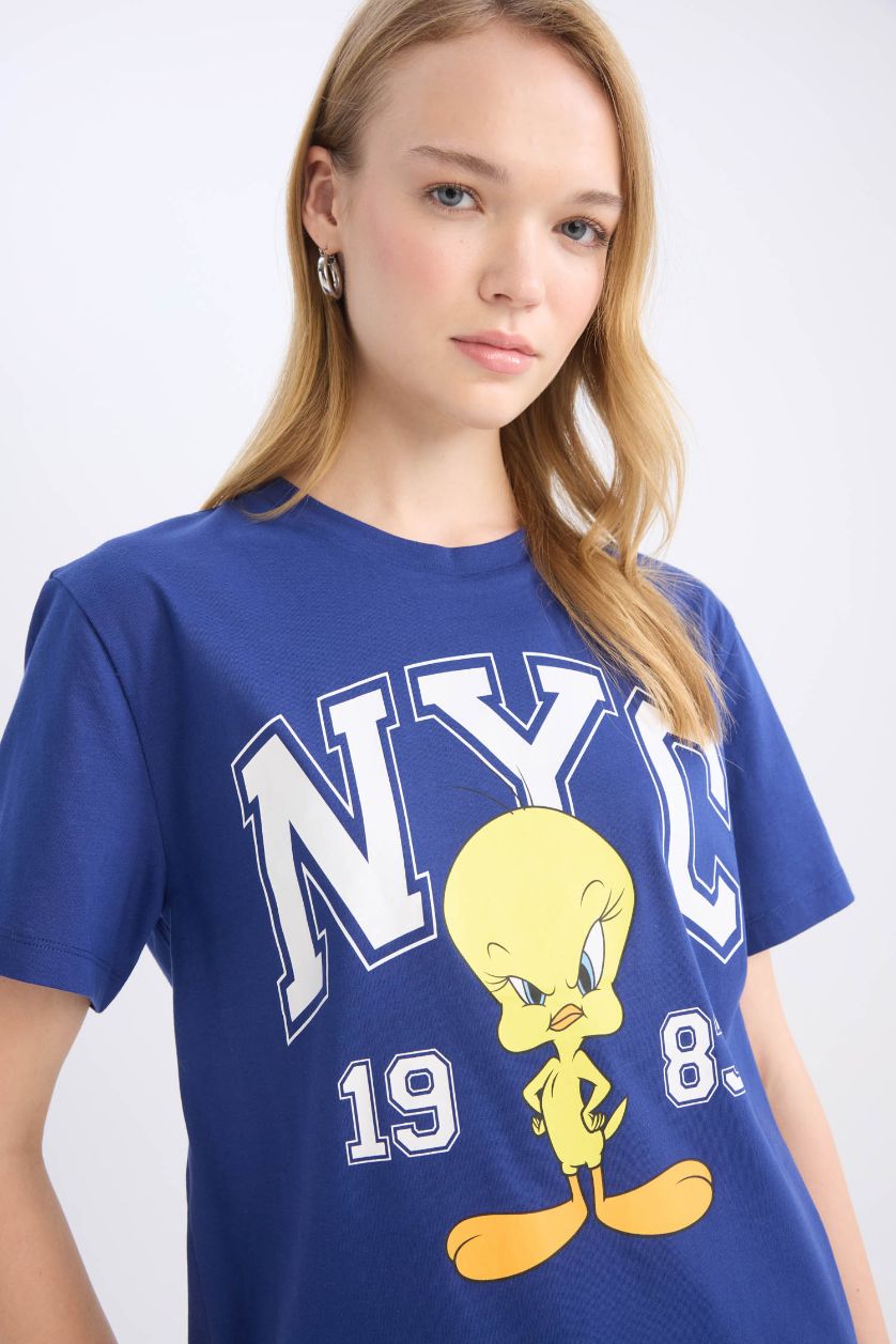 نساء نيلي تيشيرت بنات نص كم مطبوع برقبة مستديرة