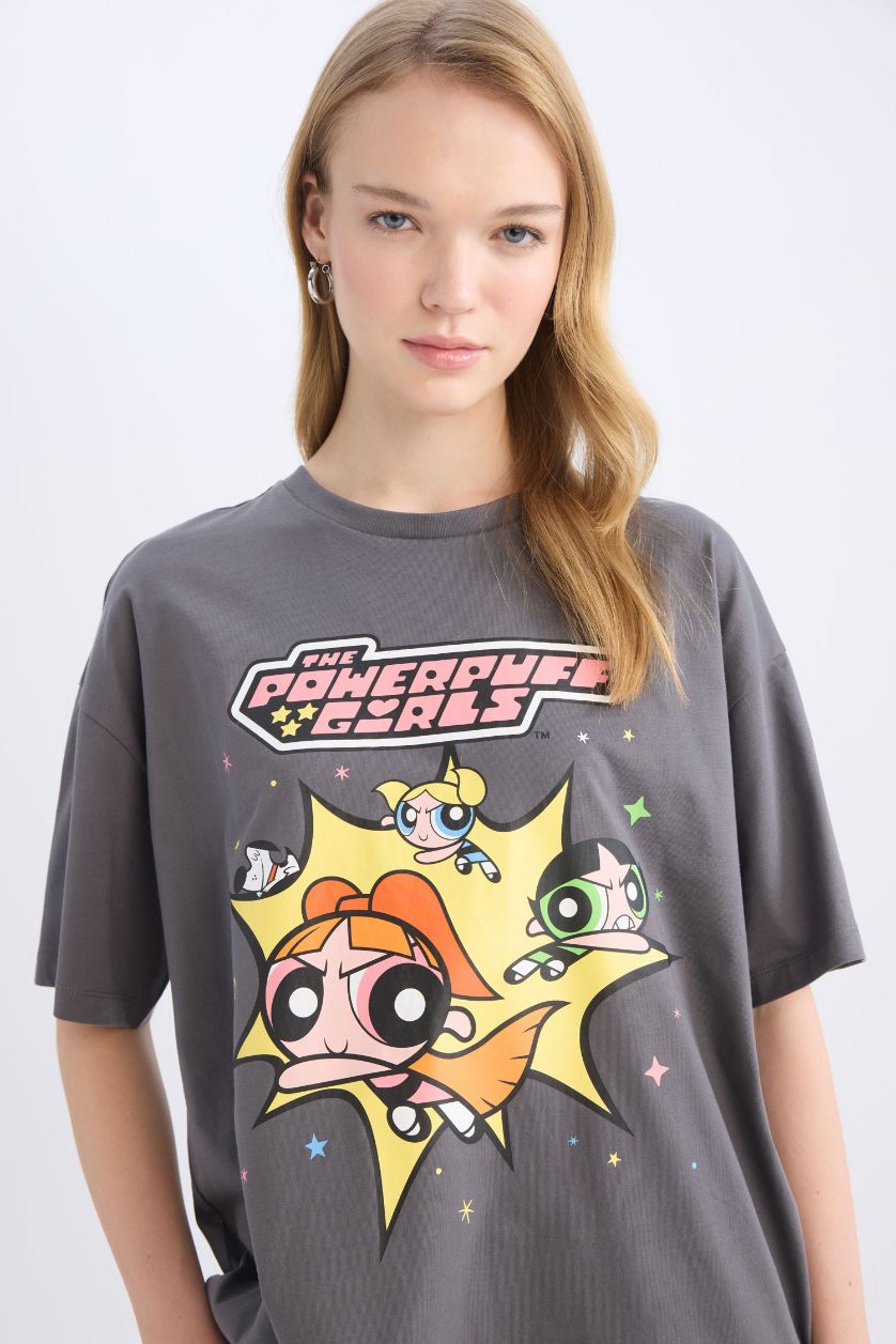 Kadın Antrasit PowerPuff Girls Oversize Geniş Kalıp Bisiklet Yaka Kısa Kollu Tişört