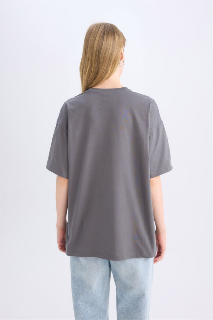 Kadın Antrasit PowerPuff Girls Oversize Geniş Kalıp Bisiklet Yaka Kısa Kollu Tişört