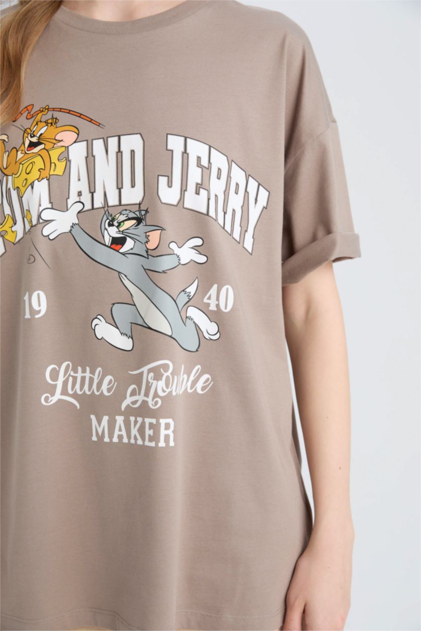 Kadın Vizon Tom & Jerry Oversize Geniş Kalıp Bisiklet Yaka Kısa Kollu Tişört