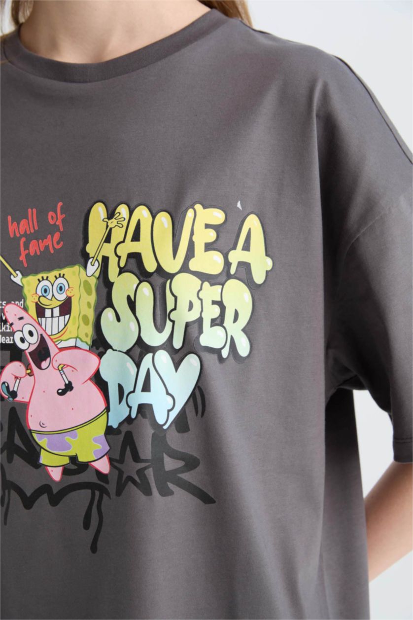 Kadın Antrasit SpongeBob Oversize Geniş Kalıp Bisiklet Yaka Kısa Kollu Tişört