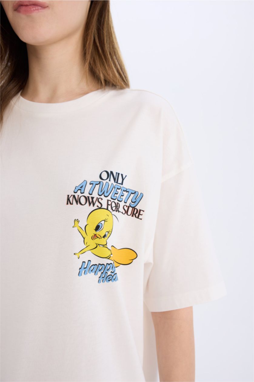 Kadın Kırık Beyaz Looney Tunes Oversize Geniş Kalıp Bisiklet Yaka Sırt Baskılı Kısa Kollu Tişört