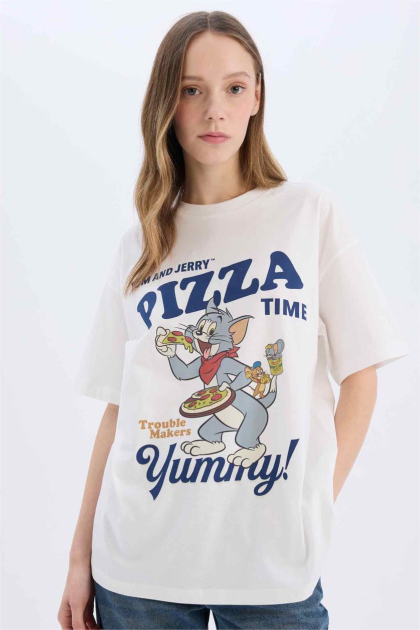 Kadın Kırık Beyaz Tom & Jerry Oversize Geniş Kalıp Bisiklet Yaka Kısa Kollu Tişört