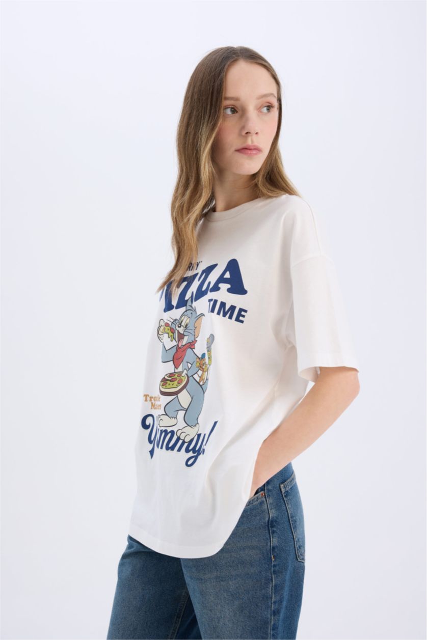 Kadın Kırık Beyaz Tom & Jerry Oversize Geniş Kalıp Bisiklet Yaka Kısa Kollu Tişört